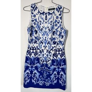 Lauren Ralph Lauren Blue And White Sleeveless Sheath Dress Size‎ 12 Stretch Work